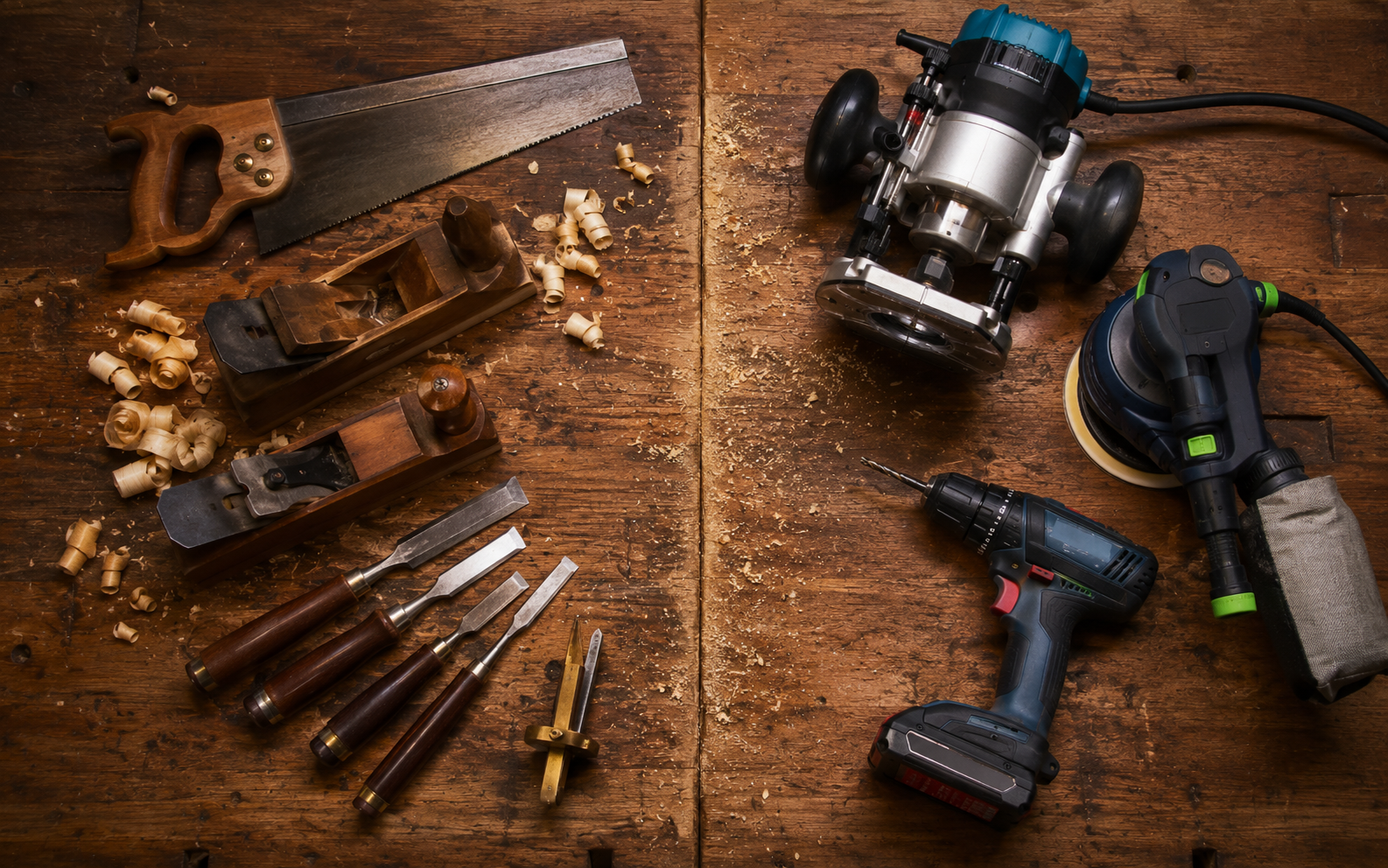 Hand tools and power tools on a bench