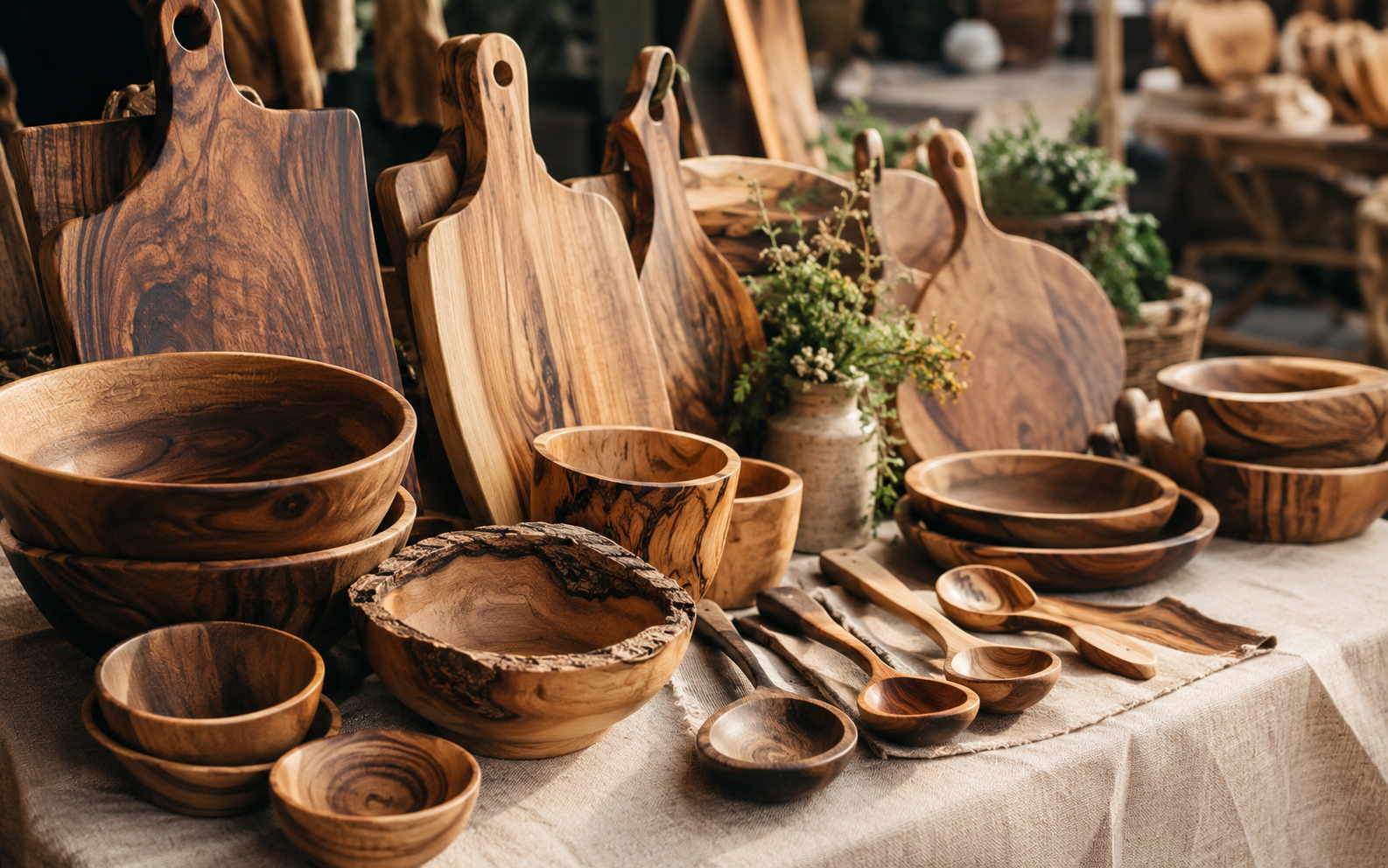 Handmade wooden bowls on display