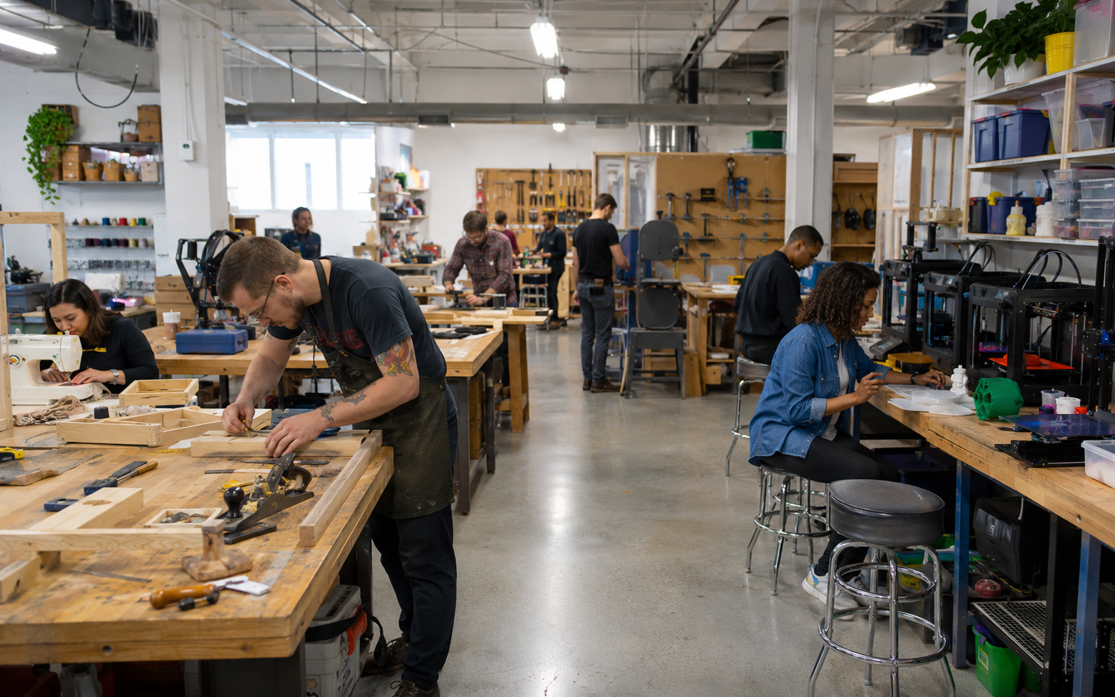 Makers collaborating in a shared workshop space