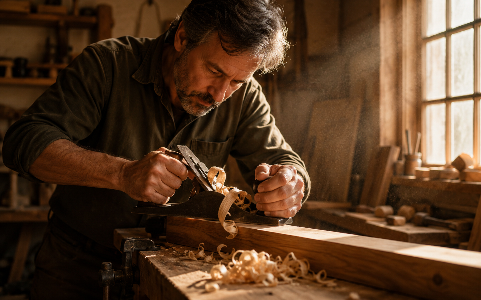 Woodworker hand-planing