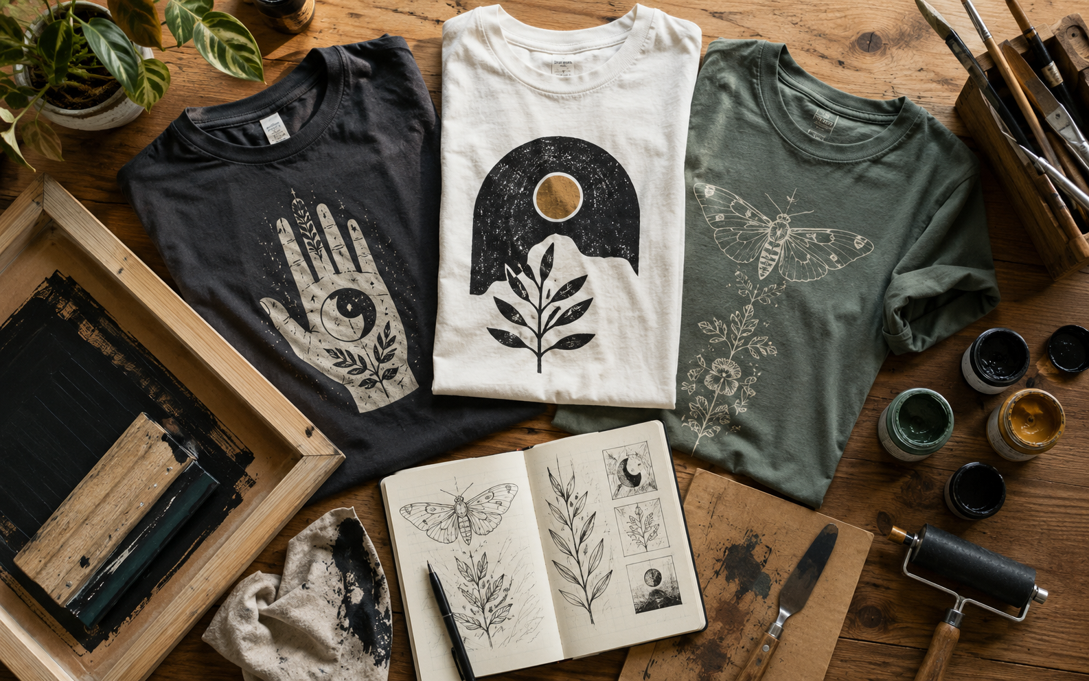 Printed graphic tees alongside handmade crafts